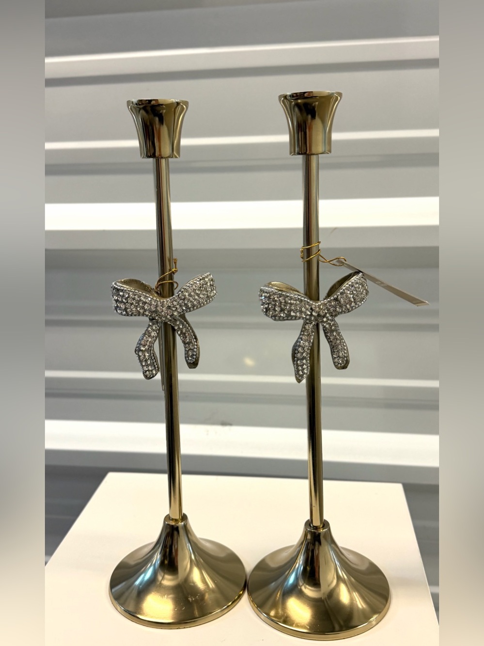 Set of 2 Gold Metal Bow Candlestick Holders Rhinestone Crystal Accent 16” Tall